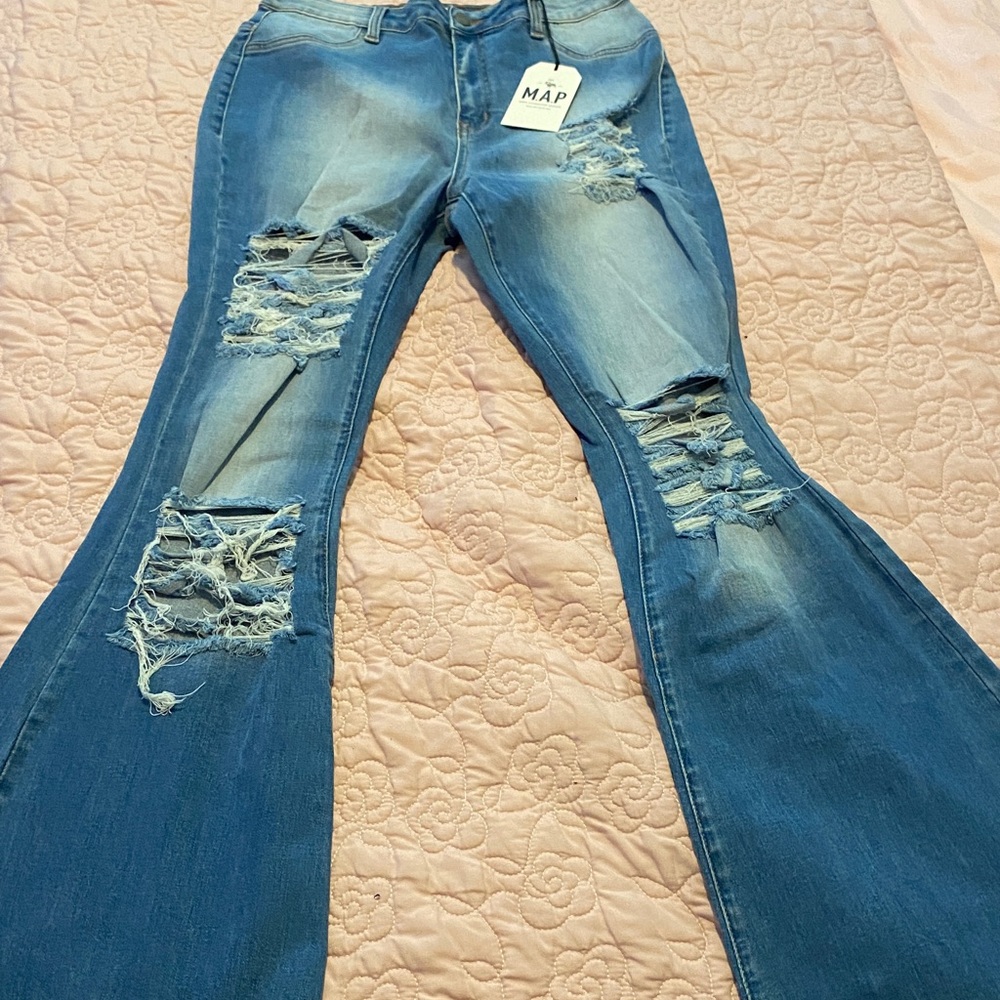 Distressed Flared Women's Jeans in Blue size 15